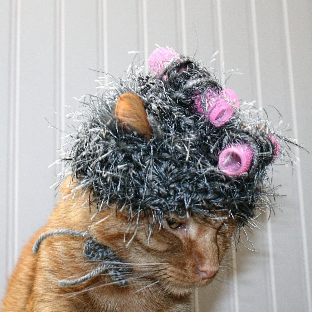 HAND CRAFTED Granny Hair Curlers Cat Hat Crochet Gray Hairy Wig Costume